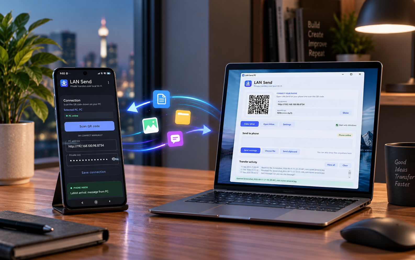 LAN Send transferring files between an Android phone and Windows PC over local Wi-Fi