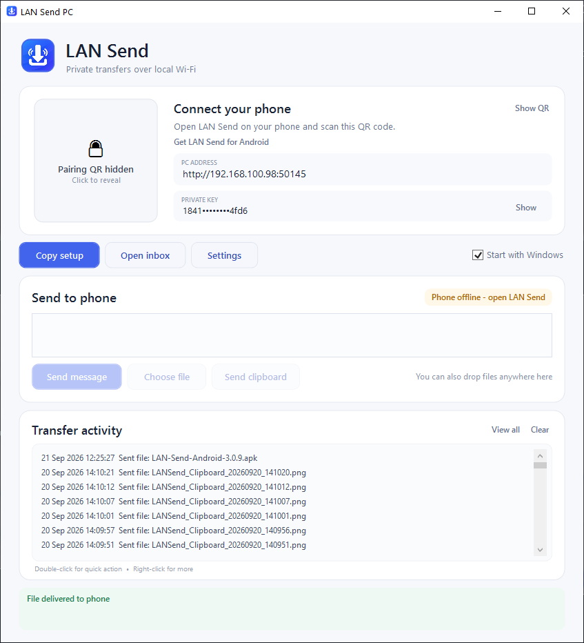 LAN Send Windows main screen